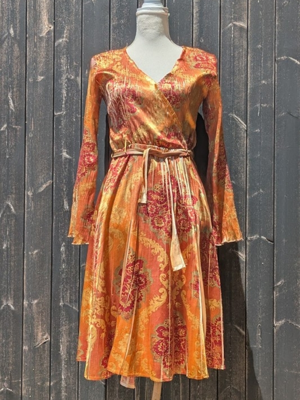 Komarov Orange and Red Paisley Wrap Dress with Tie Waist